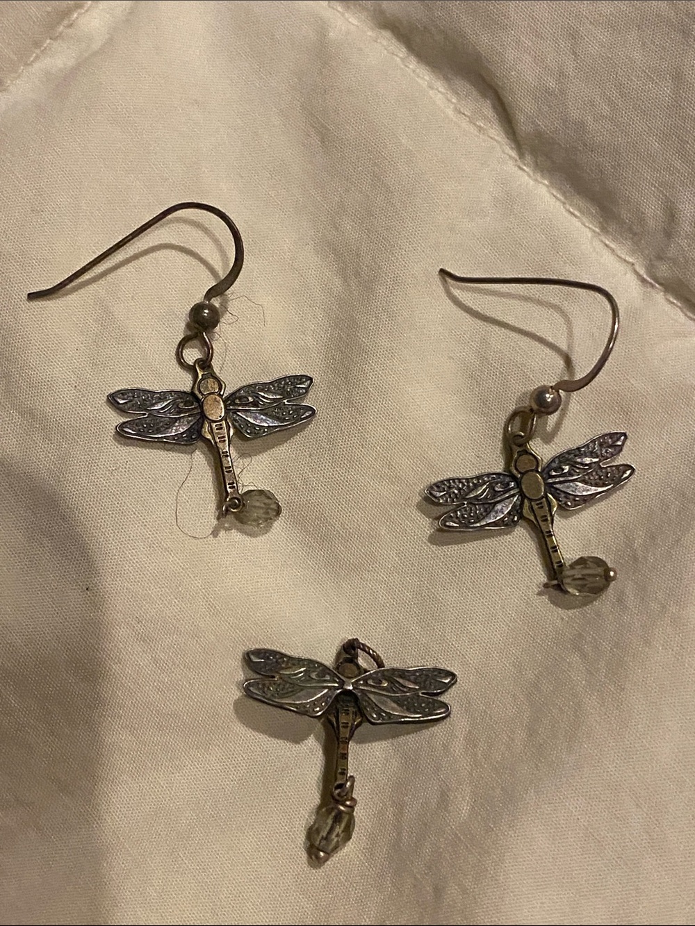 Dragonfly Dangle Earrings and Charm Set - Silver with Accents